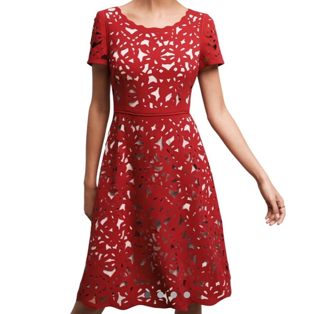 Anthropologie Moulinette Soeurs Aliz Laser Cut Fit & Flare Dress Bright Red Sz 8